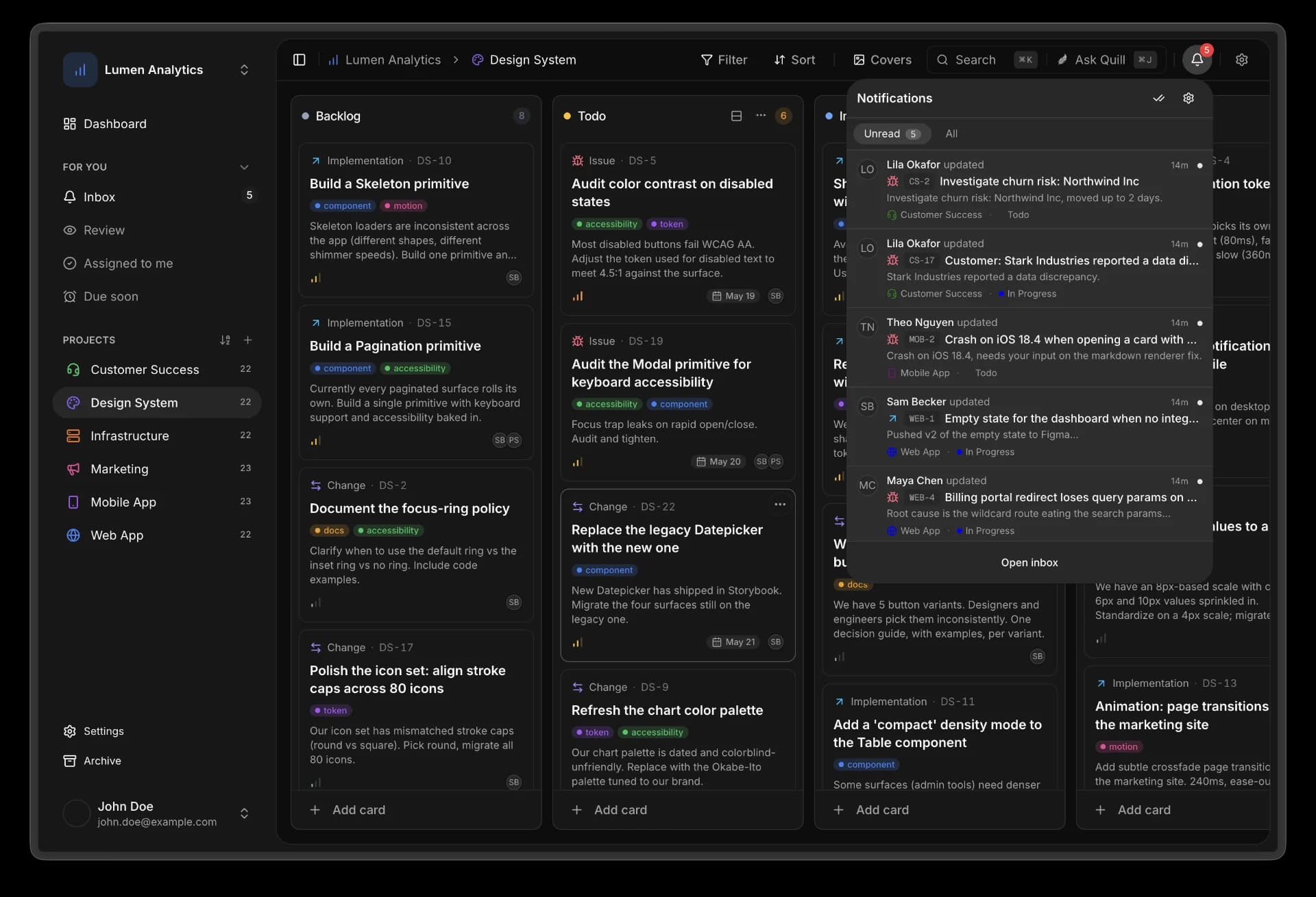 Quill kanban board with backlog, todo, and notifications columns.