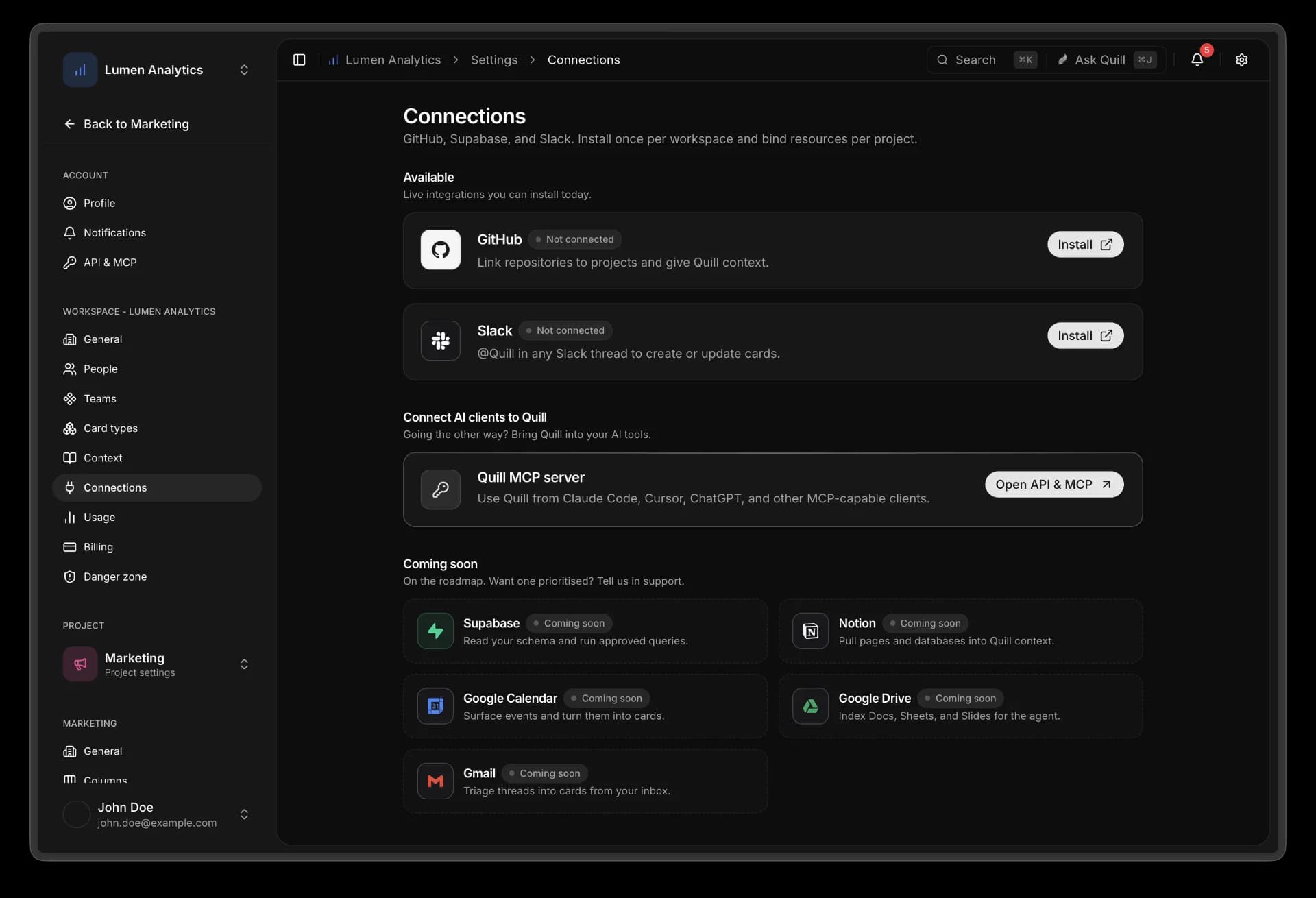 Quill connections settings with GitHub, Slack, and the Quill MCP server.